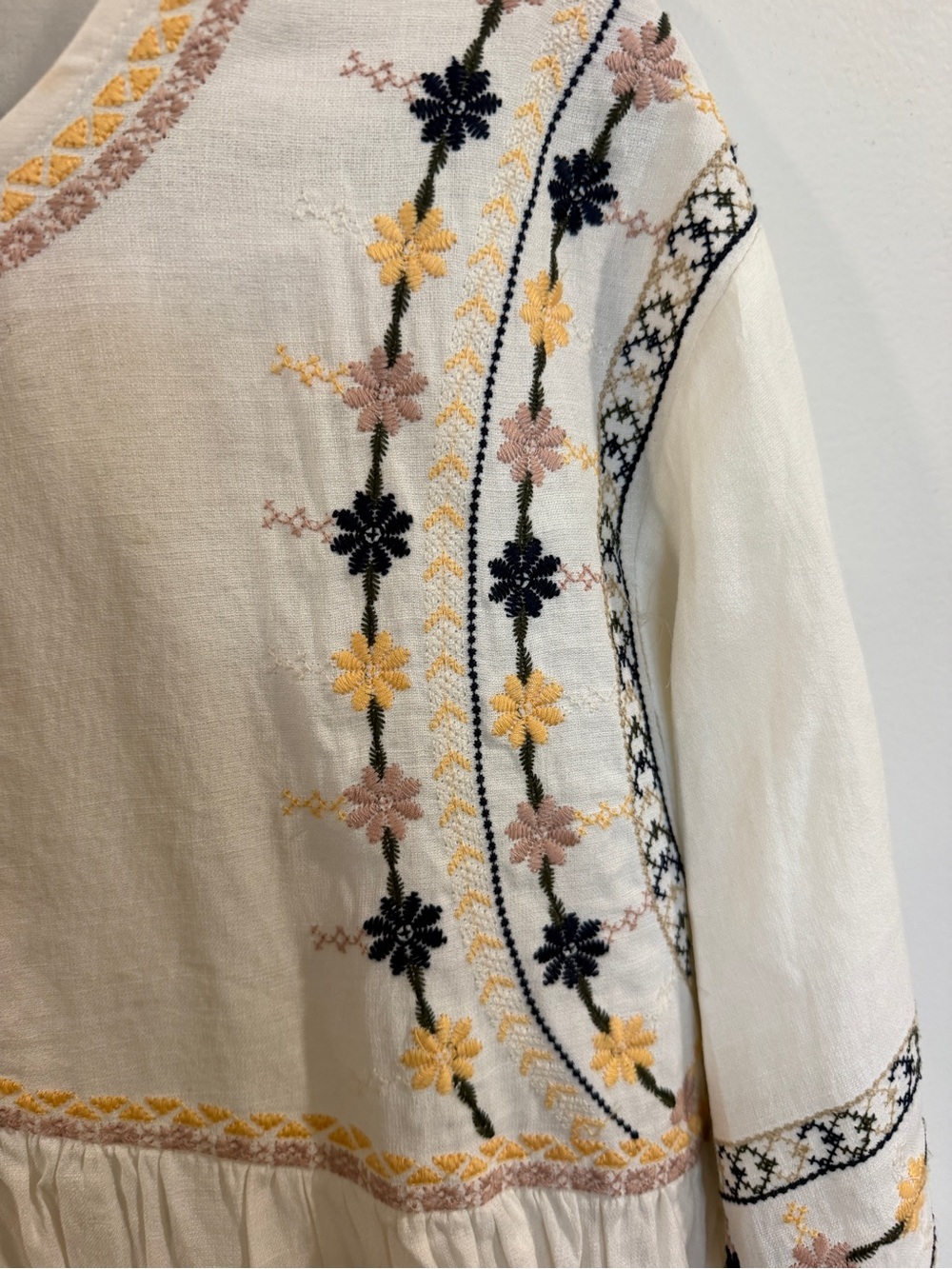 Andree White Embroidered Peasant Tunic with Navy, Yellow, and Pink Accents - Picture 3 of 5